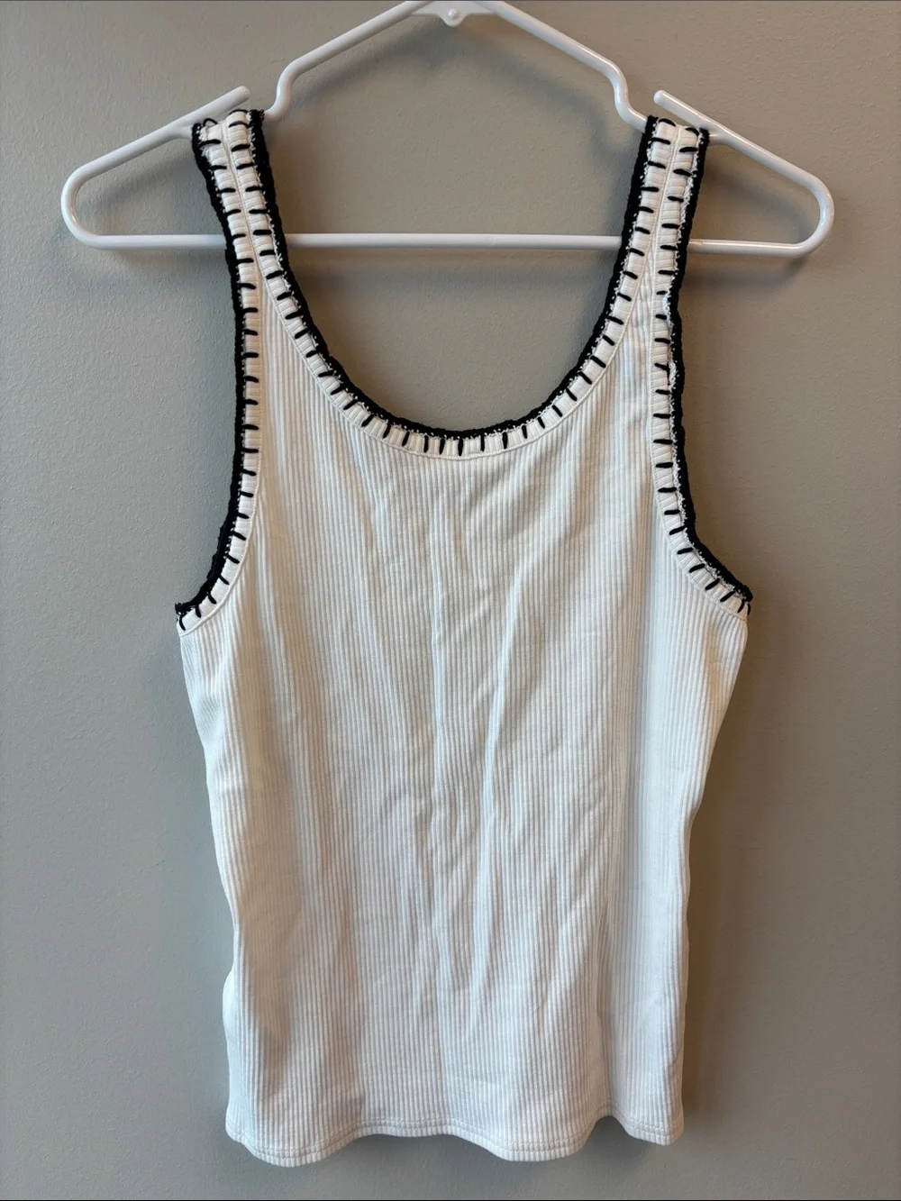 J. Crew White Ivory Ribbed Tank with Black Crochet Trim